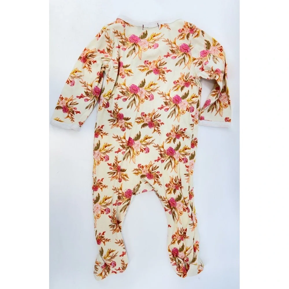 Milkbarn Pink/Cream/Green Floral Bamboo Knit Snap Front Footie-3-6 mos